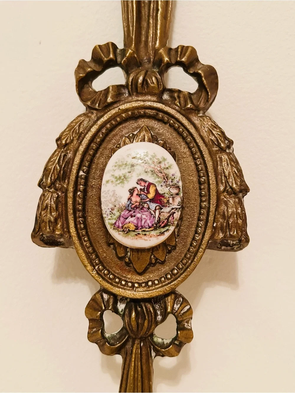 Vintage Victorian Cast Brass Wall Hanging w/ Porcelain Cameo Of Courting Couple